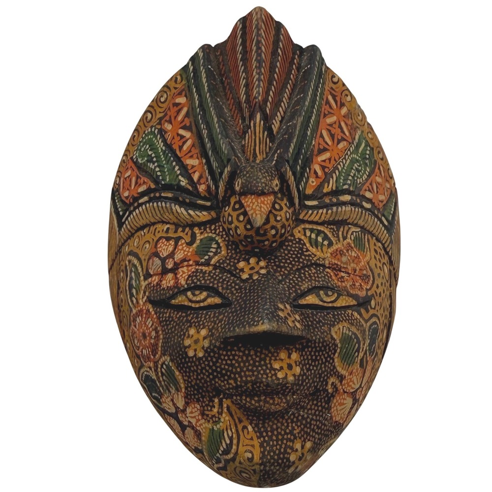 Vtg Hand‎ Carved Wood Batik Mask Indonesian Balinese Wall Art Decor Floral
